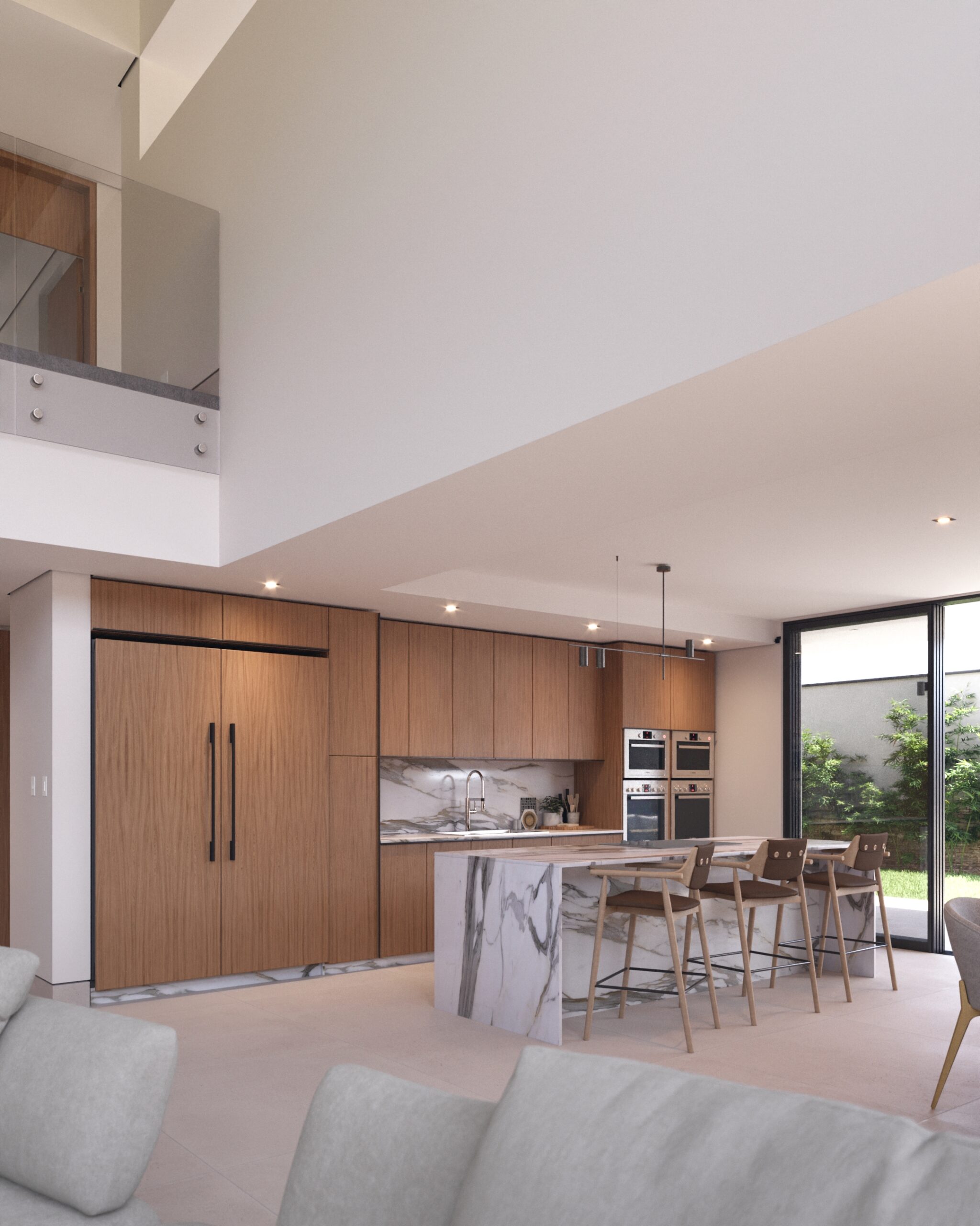 Diseño de cocina lineal de 5.50 metros con isla central de mármol y mobiliario de madera integrado.